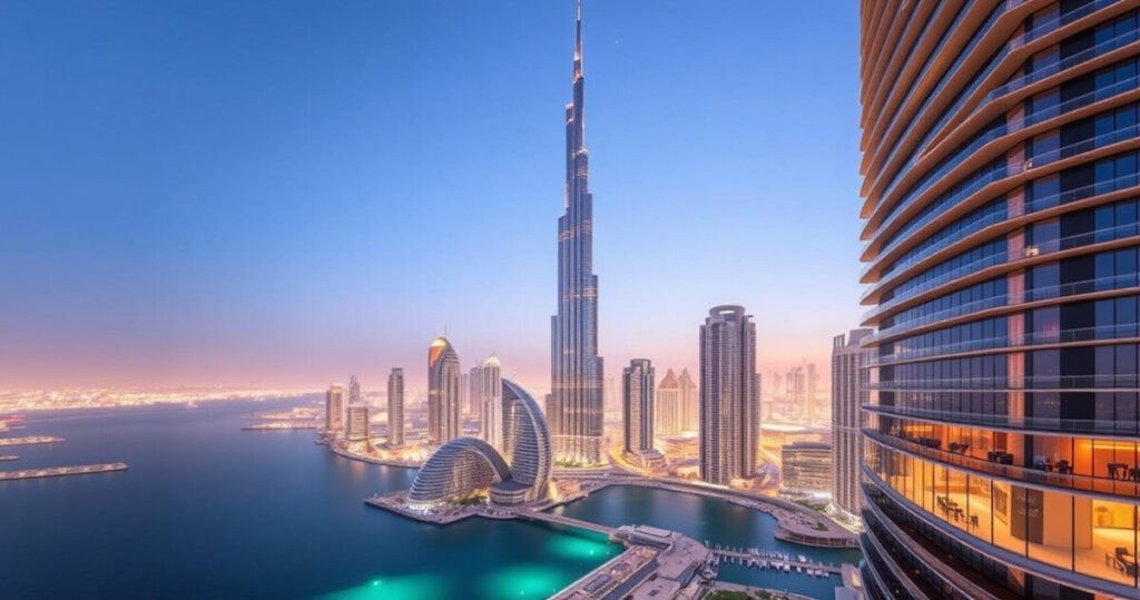 "Vista panoramica dal Ciel Dubai Marina, il nuovo hotel più alto del mondo con vista sul Golfo Persico e Burj Khalifa."