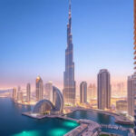 "Vista panoramica dal Ciel Dubai Marina, il nuovo hotel più alto del mondo con vista sul Golfo Persico e Burj Khalifa."