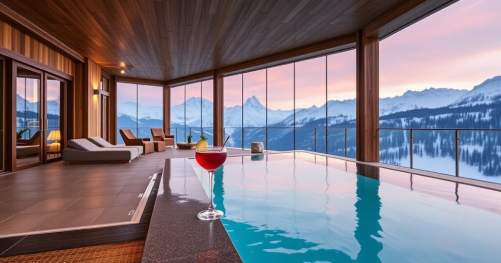 "Cocktail Enrosadira servito nella skypool panoramica del Dolomiti Wellness Hotel Fanes"