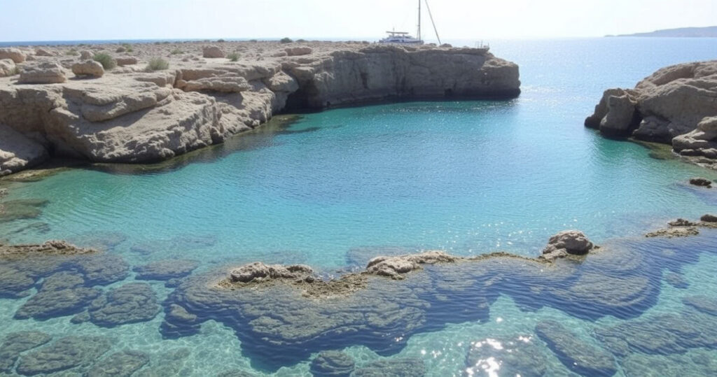 ALT: "Cala Tabaccara, la Piscina di Dio a Lampedusa, un angolo segreto amato da Modugno, con acque cristalline e paesaggi mozzafiato."