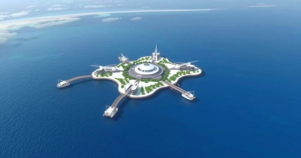 "Progetto Maldives Floating City: innovativa soluzione sostenibile contro l'innalzamento del mare nell'Oceano Indiano."