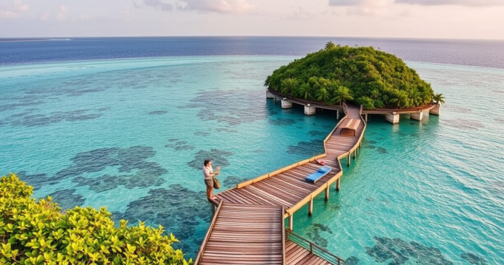 "Panorama delle Maldive che evidenzia l'ecosistema fragile e le pratiche di turismo sostenibile, con elementi della cultura locale."