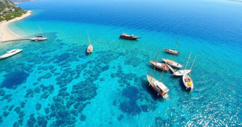 "Vista panoramica della costa slovena con mare cristallino e paesaggi incantevoli durante un viaggio in barca."