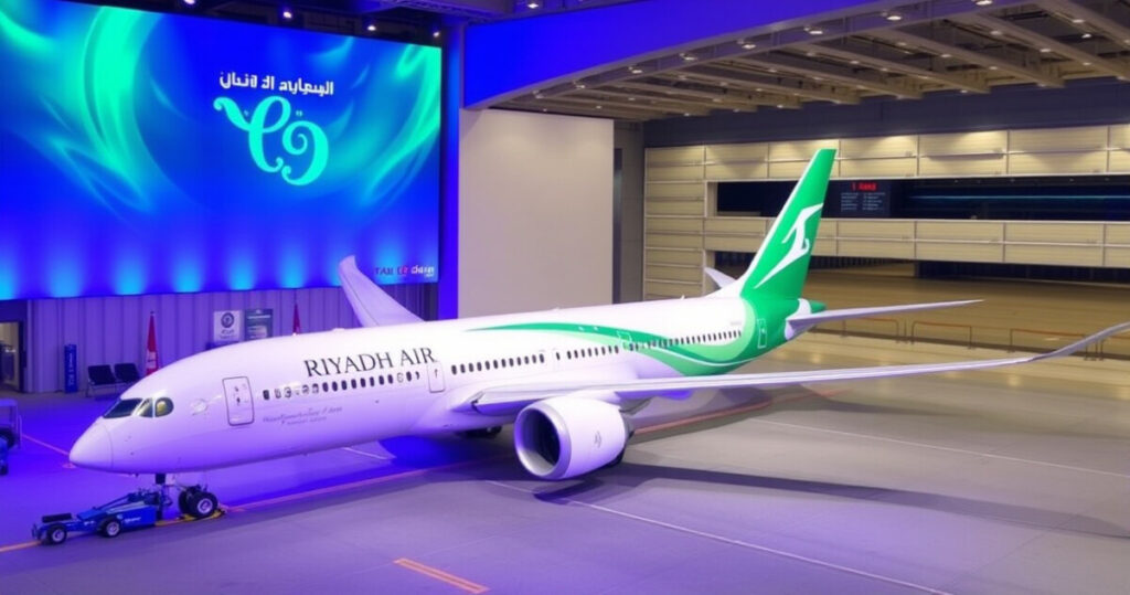 ALT: "Riyadh Air svela il primo Boeing 787-9 Dreamliner, in servizio entro la fine del 2025."