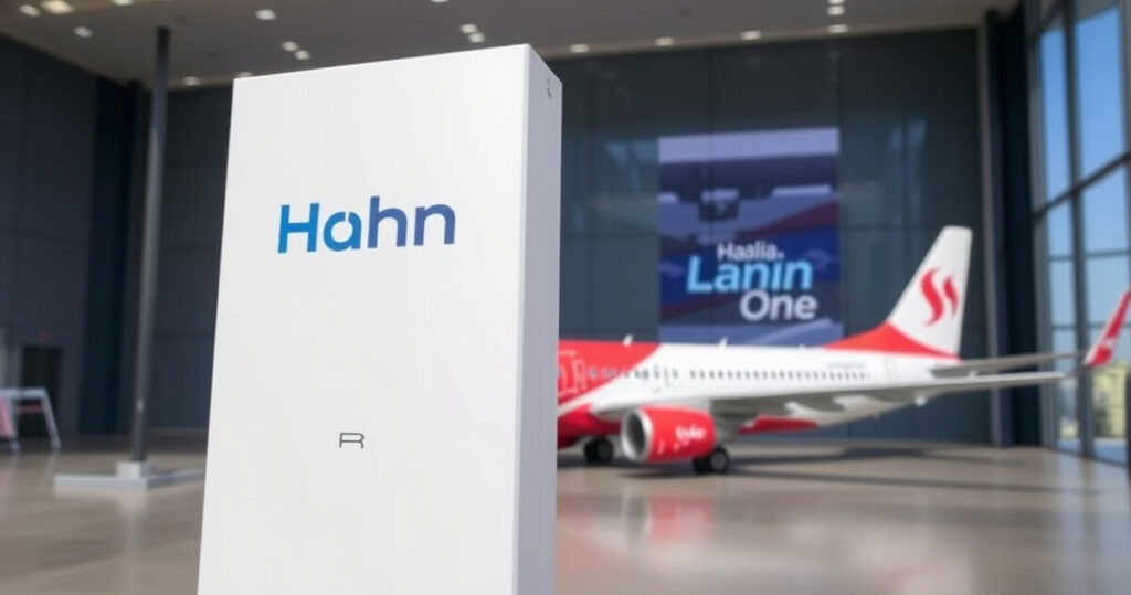"Immagine di un aereo Hahn Air con il logo di Distriply One, che rappresenta il lancio del servizio di prenotazioni NDC in Italia senza accreditamento."