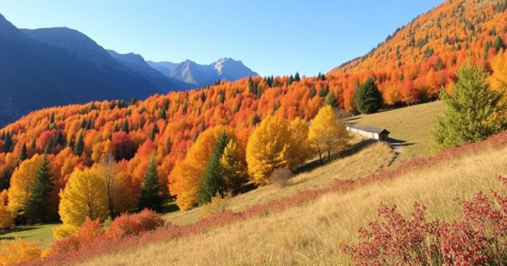 "Paesaggio autunnale dell'Alto Adige con colori vibranti del foliage e panorami incantevoli."