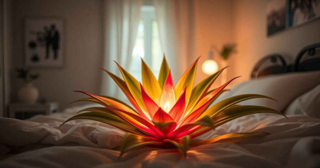 "Immagine di una bromelia in camera da letto, simbolo di benessere e miglioramento del sonno."