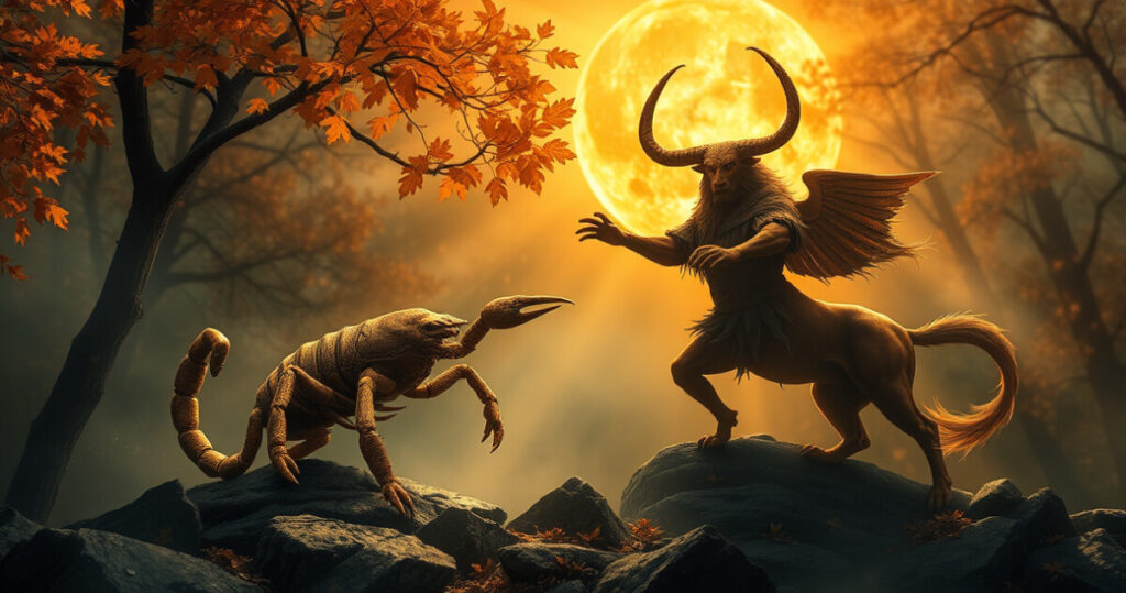 "Immagine dell'oroscopo autunnale: Scorpione in cerca di giustizia e Toro che affronta il caos."