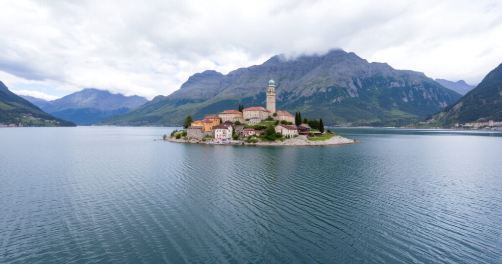 "Isola Santa, borgo di pietra tra le Alpi Apuane, riflesso nel lago"