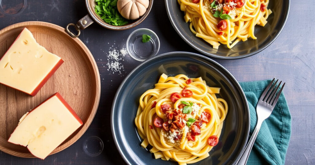 ALT: "Pasta con crema di zucca, taleggio e pancetta croccante: un delizioso piatto autunnale da gustare."