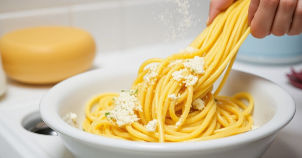 "Immagine che illustra i rischi di scolari la pasta nel lavandino, evidenziando i danni alle tubature."