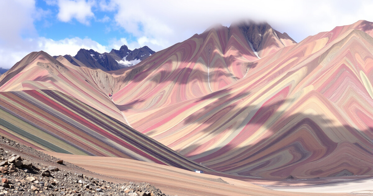 "Vista panoramica della Montagna Arcobaleno a Vinicunca, evidenziando i suoi colori straordinari durante un trekking."