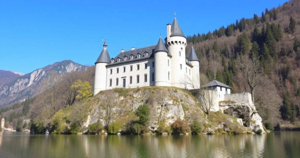 "Castel Toblino, suggestivo castello del Trentino che si riflette nel lago, ideale da visitare in primavera."