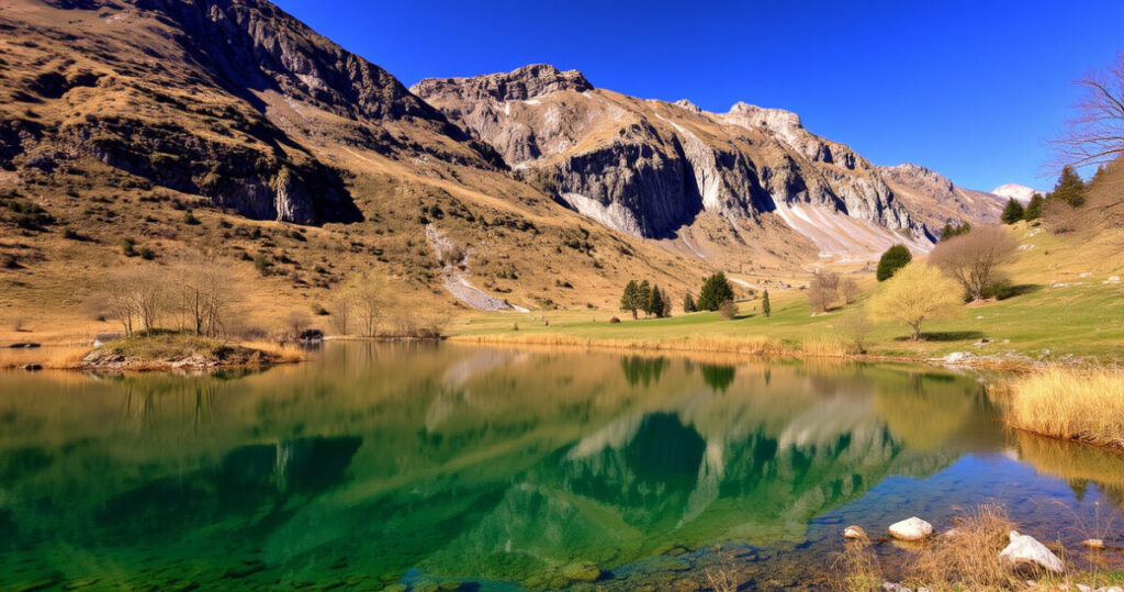 "Lago di Place-Moulin in Valle d'Aosta, turchese incantevole in primavera."