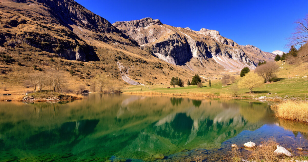 "Lago di Place-Moulin in Valle d'Aosta, turchese incantevole in primavera."