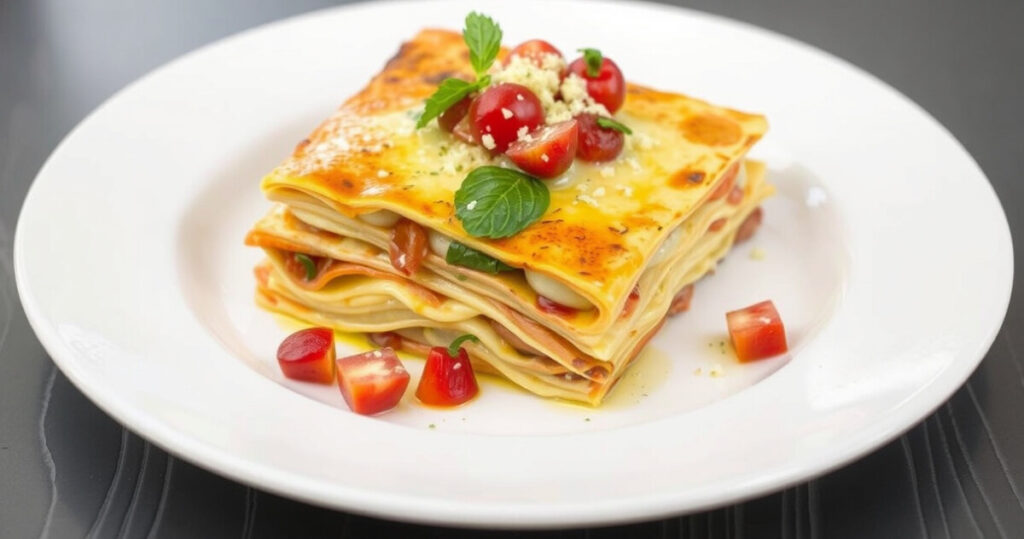 ALT: "Lasagne con fave fresche e speck, un primo piatto primaverile ricco di sapori."