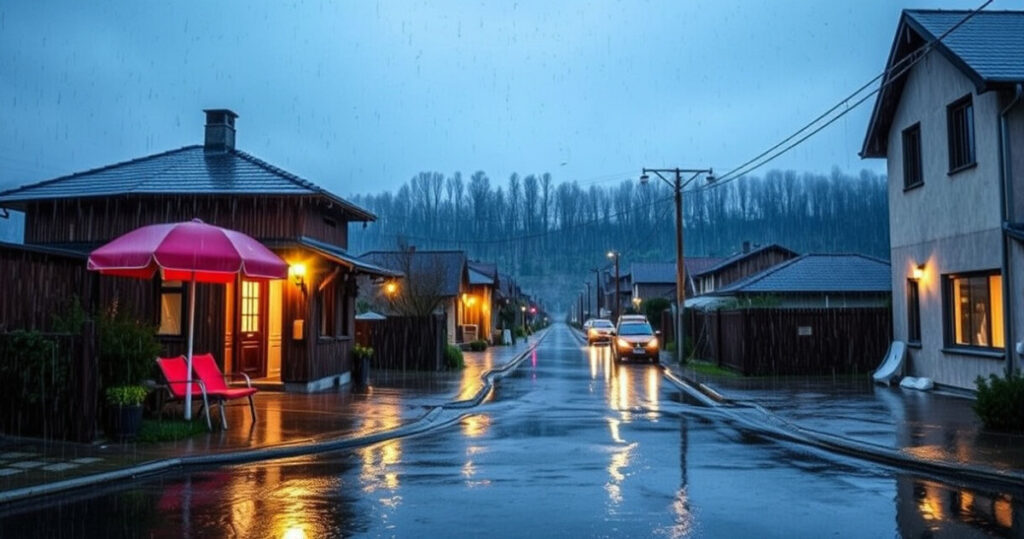 "Immagine che illustra i rischi della pioggia acida per la salute, evidenziando l'importanza di rimanere in casa per proteggersi."