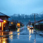 "Immagine che illustra i rischi della pioggia acida per la salute, evidenziando l'importanza di rimanere in casa per proteggersi."