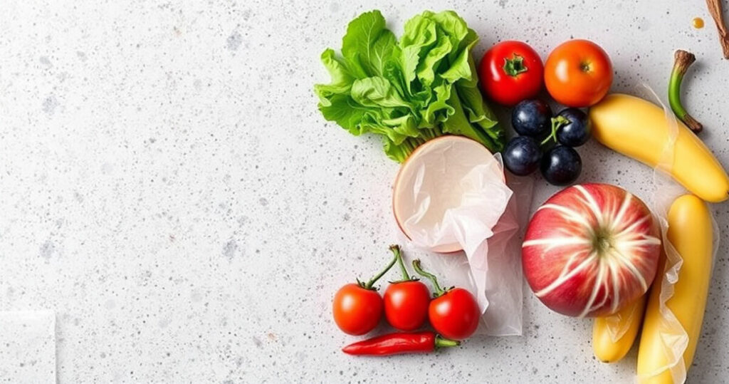 "Immagine che illustra cibi e oggetti quotidiani contenenti plastica da evitare per una vita sana."