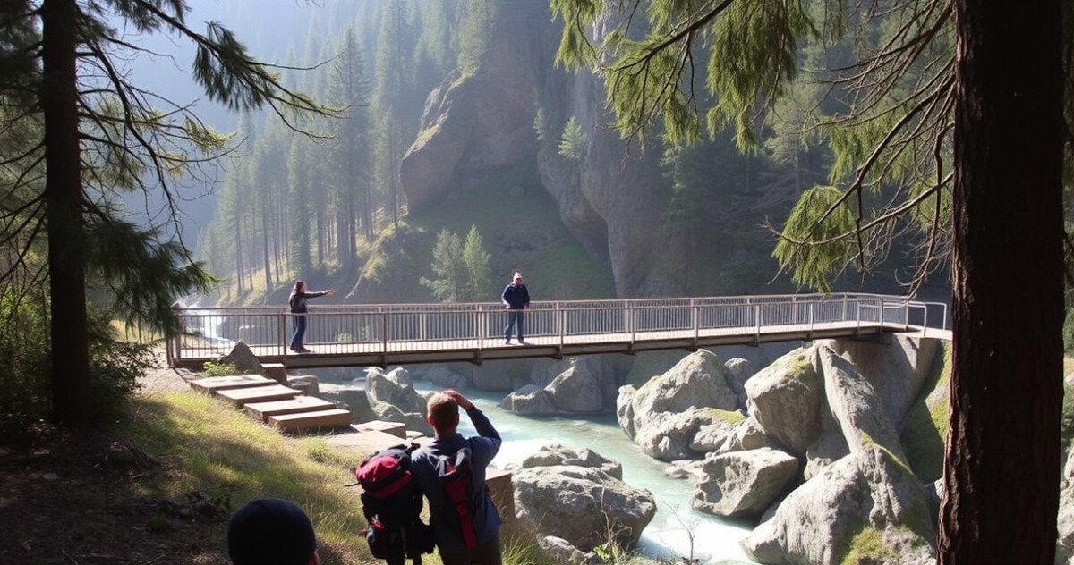 "Vista del ponte sospeso a 60 metri nel bosco della Val di Rabbi, un'esperienza avventurosa immersa nella natura."