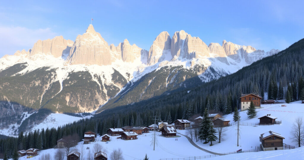 "Panorama delle Dolomiti con rifugi accoglienti, piste da sci e borghi storici di San Martino e Primiero."