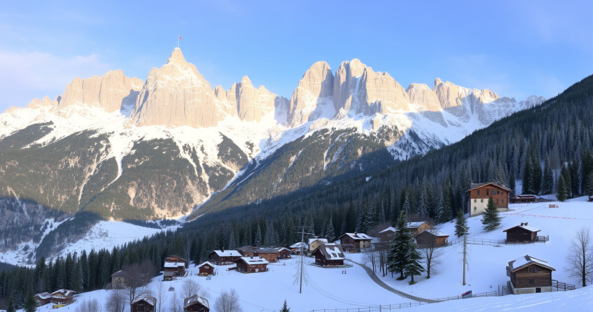 "Panorama delle Dolomiti con rifugi accoglienti, piste da sci e borghi storici di San Martino e Primiero."