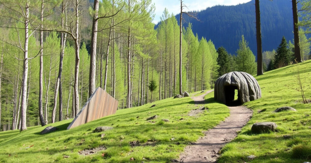 "Percorso Ledro Land Art nel bosco del Trentino: un'esperienza tra arte e natura."