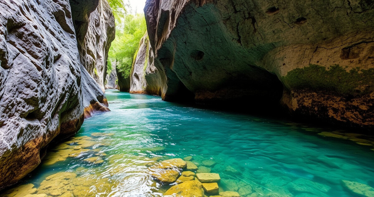 "Scorcio del canyon nascosto vicino a Trento, dove acqua e roccia si fondono in un paesaggio storico."