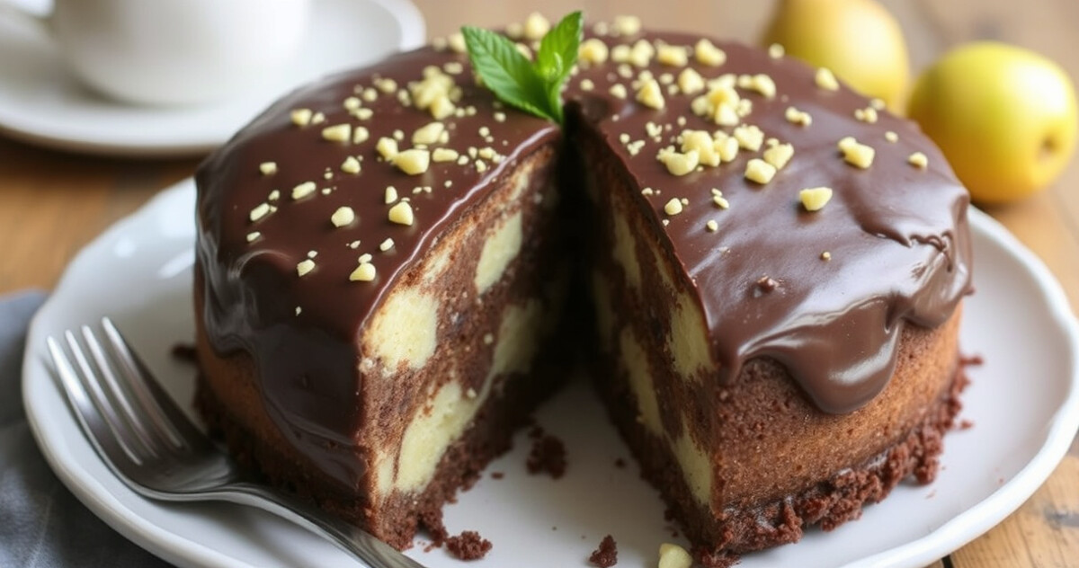 "Torta al cioccolato con pere, nocciole e cardamomo, un dolce delizioso e aromatico."